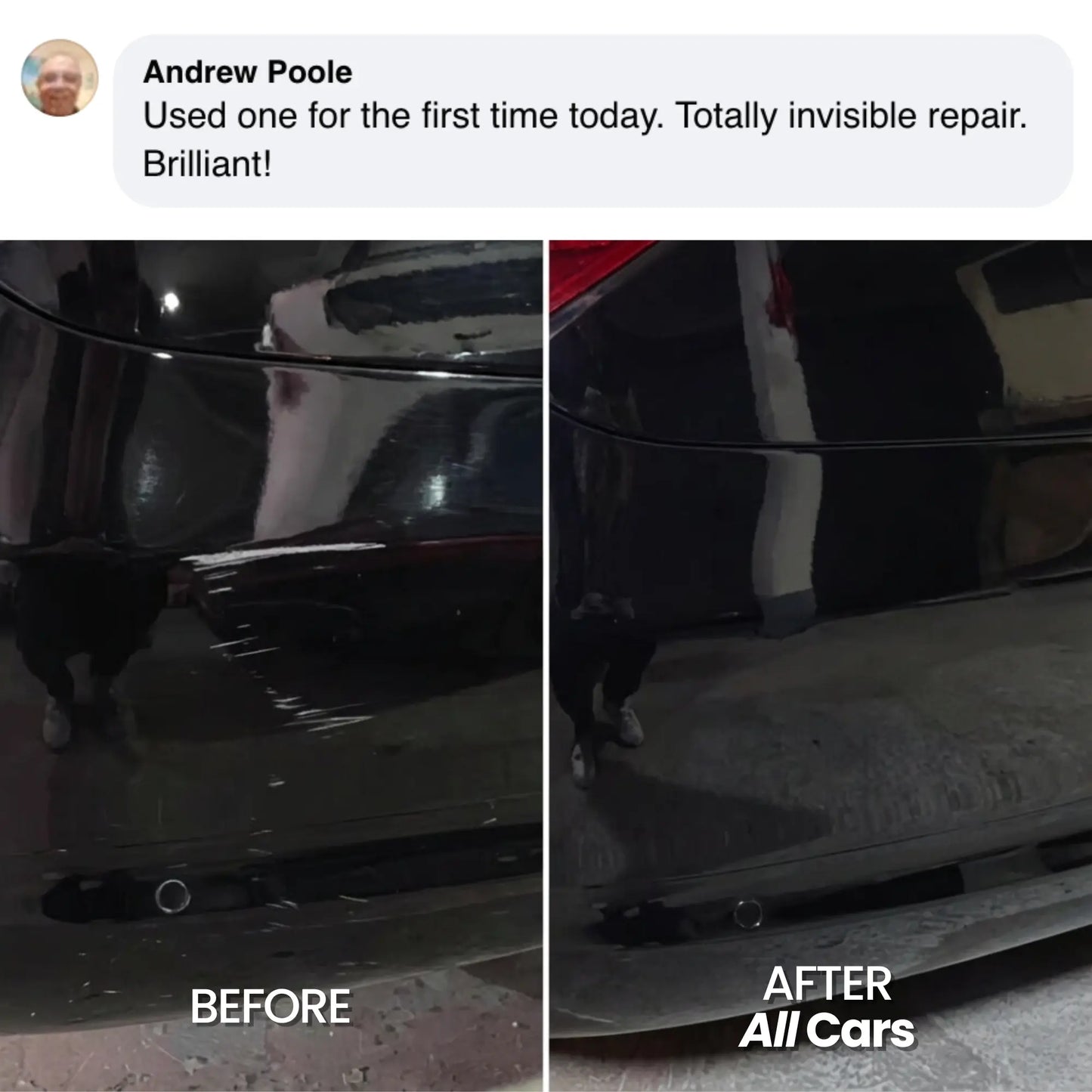 Before and after comparison of a car scratch repair using All Cars product.