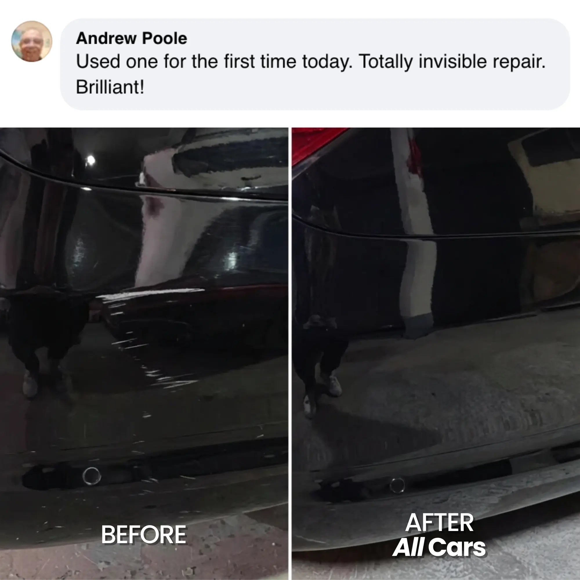 Before and after comparison of a car scratch repair using All Cars product.