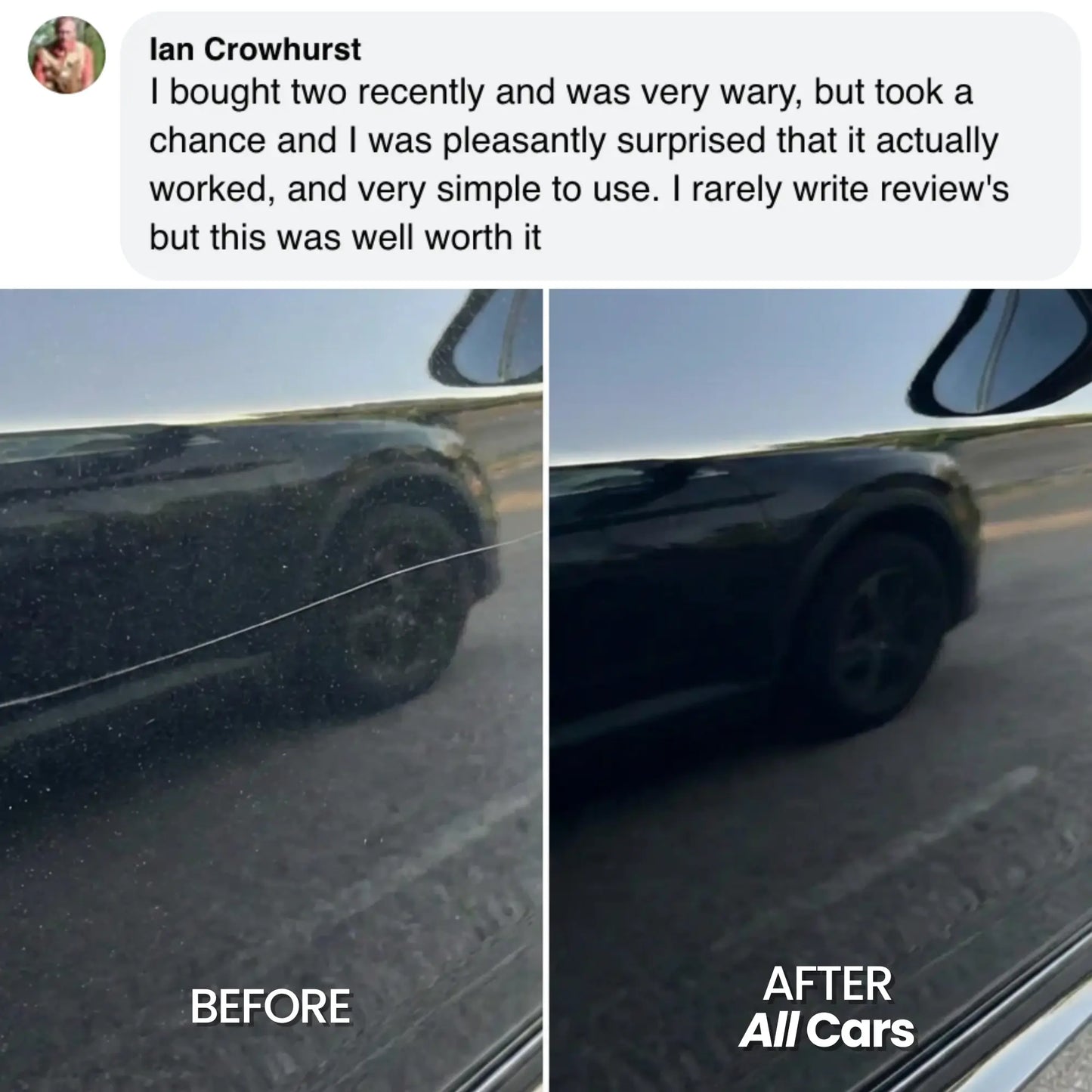 Before and after comparison of a car using  all cars pen the scratch remover