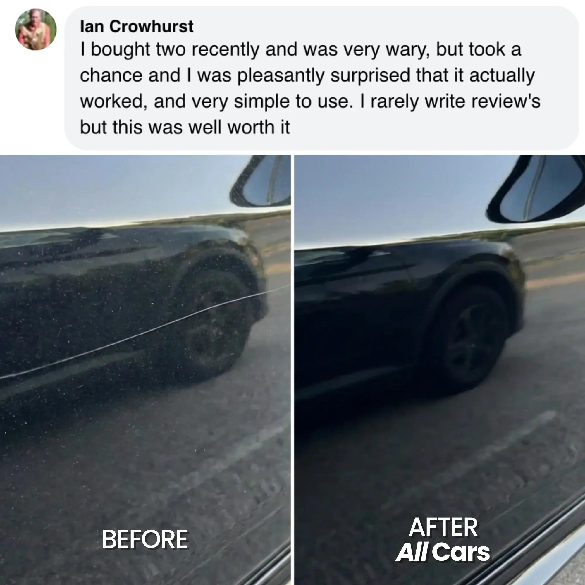 Before and after comparison of a car using  all cars pen the scratch remover