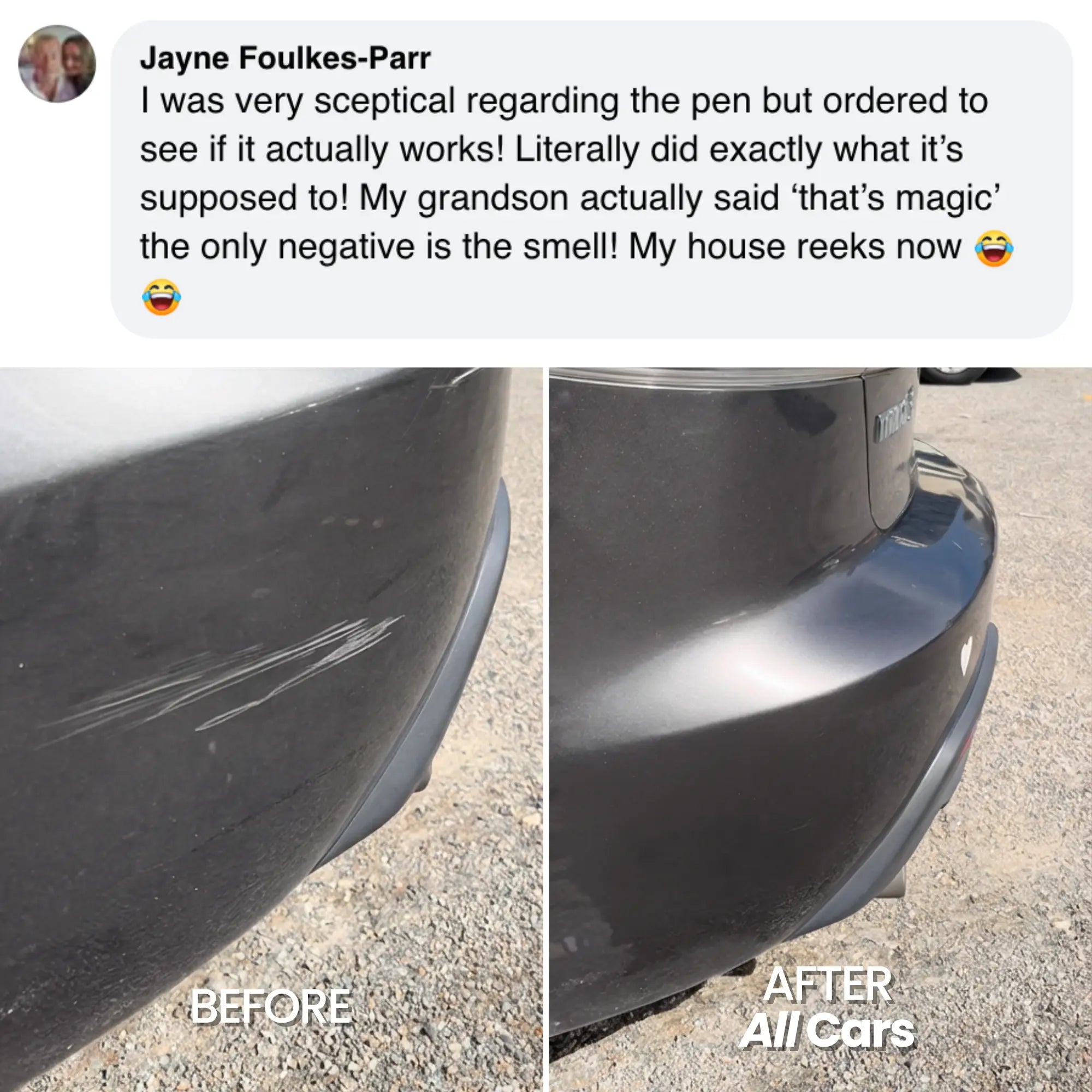 Before and after comparison of a car fender with All Cars product, featuring a customer review.