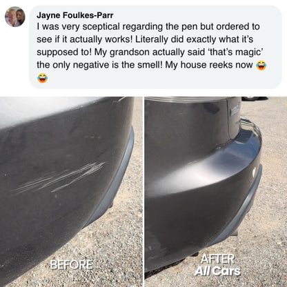 Before and after comparison of a car fender with All Cars product, featuring a customer review.